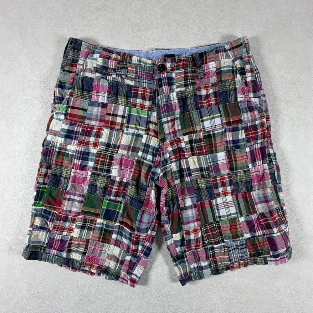 J. Crew Mens Size 31 Patchwork Madras Plaid Field Shorts Pink Green Cotton